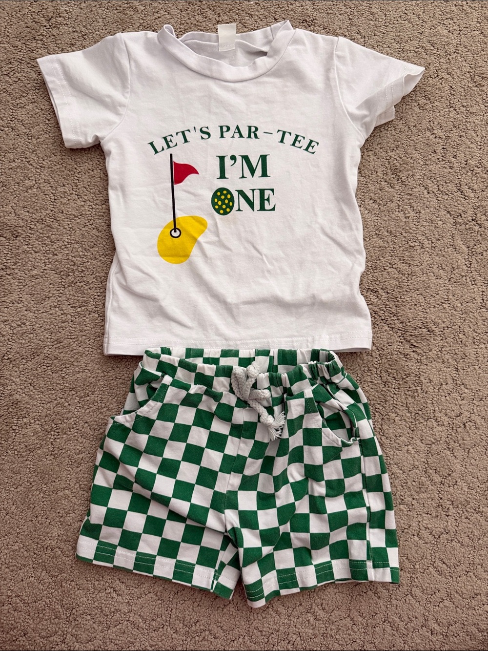 Let’s Par-Tee I’m One Golf Tee Shirt and Green Check Shorts Set